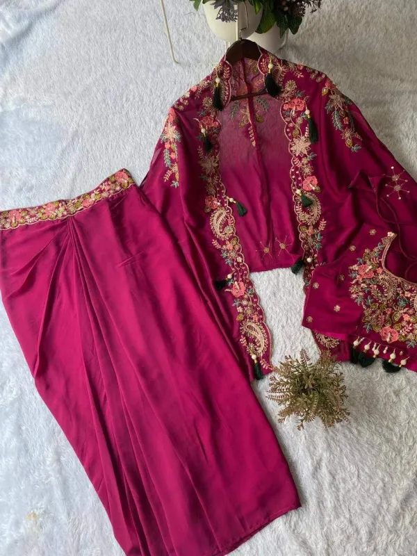 Party_And_Wedding_Season_Our_3_Piece_Indo_Western_Shrug_Dhoti_And_Blouse_With_Sequence_Embroidery_Work