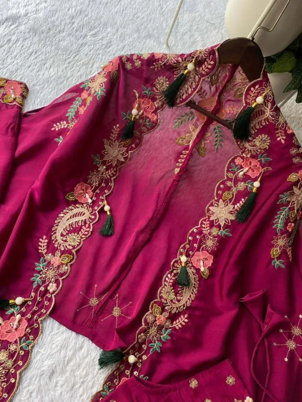 Party_And_Wedding_Season_Our_3_Piece_Indo_Western_Shrug_Dhoti_And_Blouse_With_Sequence_Embroidery_Work