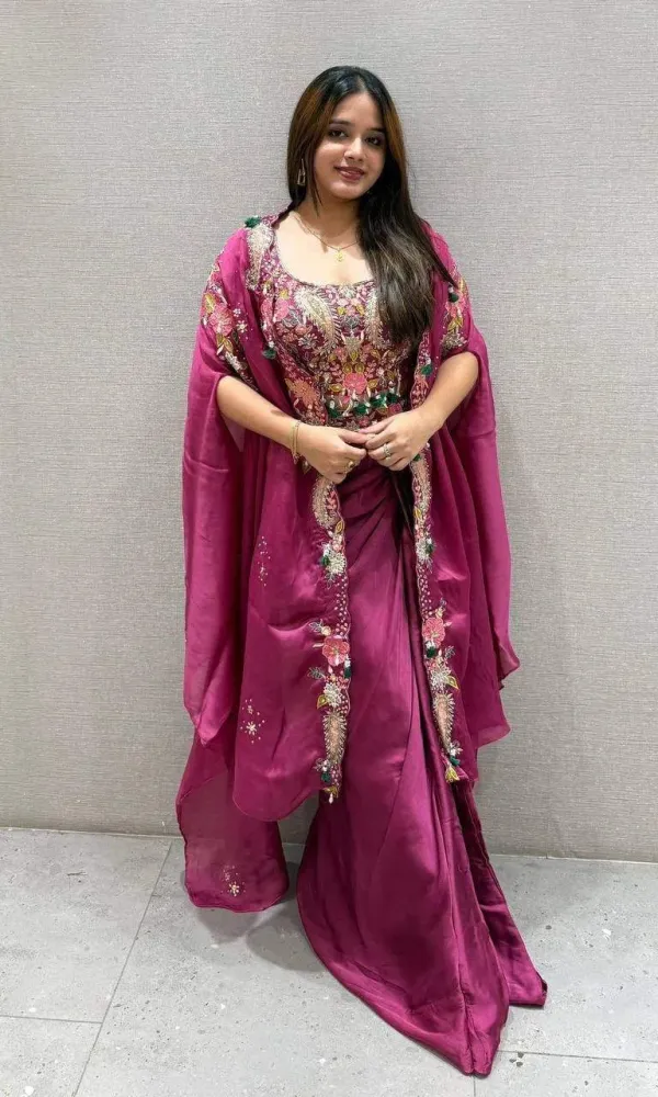 Party_And_Wedding_Season_Our_3_Piece_Indo_Western_Shrug_Dhoti_And_Blouse_With_Sequence_Embroidery_Work