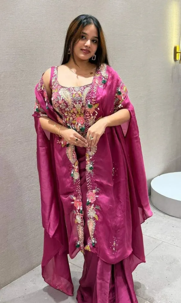 Party_And_Wedding_Season_Our_3_Piece_Indo_Western_Shrug_Dhoti_And_Blouse_With_Sequence_Embroidery_Work