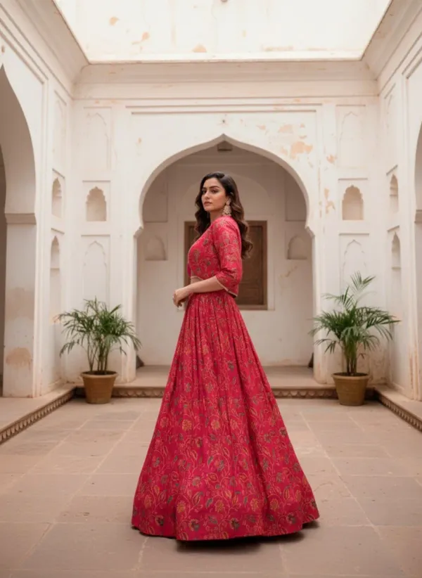 Pink_Kalamkari_Floral_Printed_Cotton_Blend_Flared_Lehenga_Blouse_Set_With_Koti_Veronica_Fashion_Hub_Embrace_Tradition_With_A_Touch_Of_Elegance