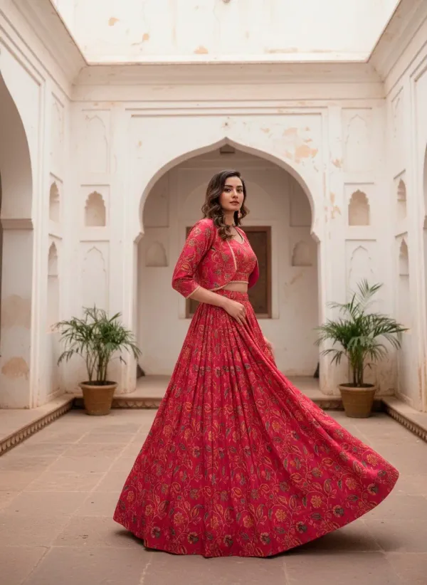 Pink_Kalamkari_Floral_Printed_Cotton_Blend_Flared_Lehenga_Blouse_Set_With_Koti_Veronica_Fashion_Hub_Embrace_Tradition_With_A_Touch_Of_Elegance
