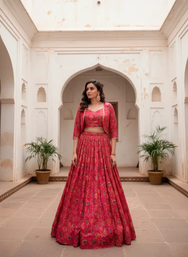 Pink_Kalamkari_Floral_Printed_Cotton_Blend_Flared_Lehenga_Blouse_Set_With_Koti_Veronica_Fashion_Hub_Embrace_Tradition_With_A_Touch_Of_Elegance