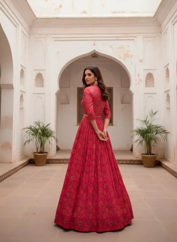 Pink_Kalamkari_Floral_Printed_Cotton_Blend_Flared_Lehenga_Blouse_Set_With_Koti_Veronica_Fashion_Hub_Embrace_Tradition_With_A_Touch_Of_Elegance