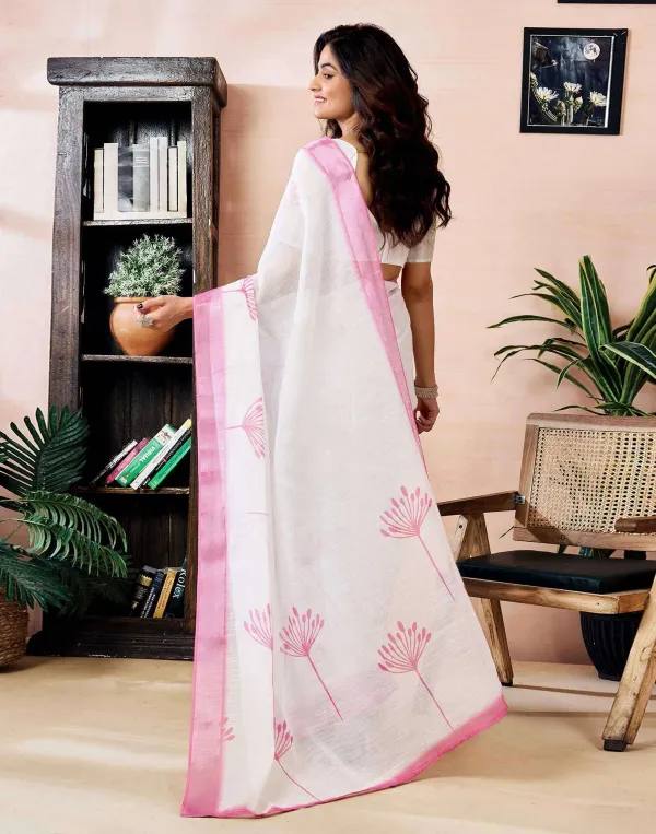 White_And_Pink_Flawer_Linen_Zari_Printed_Saree