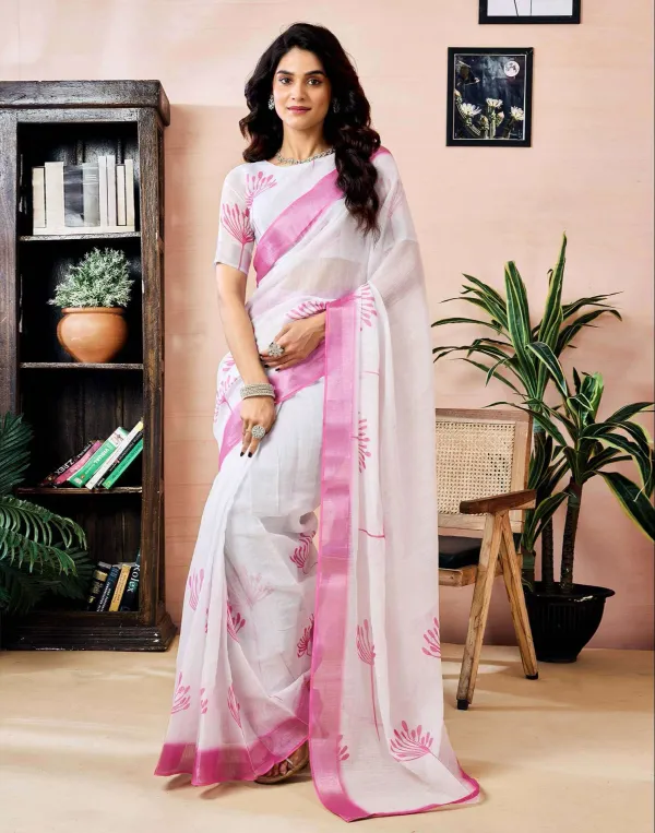 White_And_Pink_Flawer_Linen_Zari_Printed_Saree