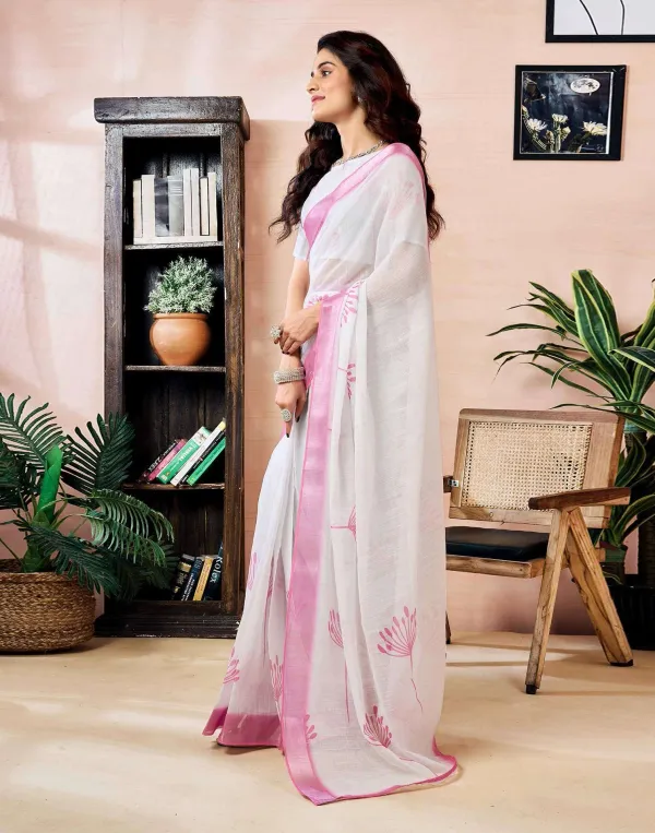 White_And_Pink_Flawer_Linen_Zari_Printed_Saree
