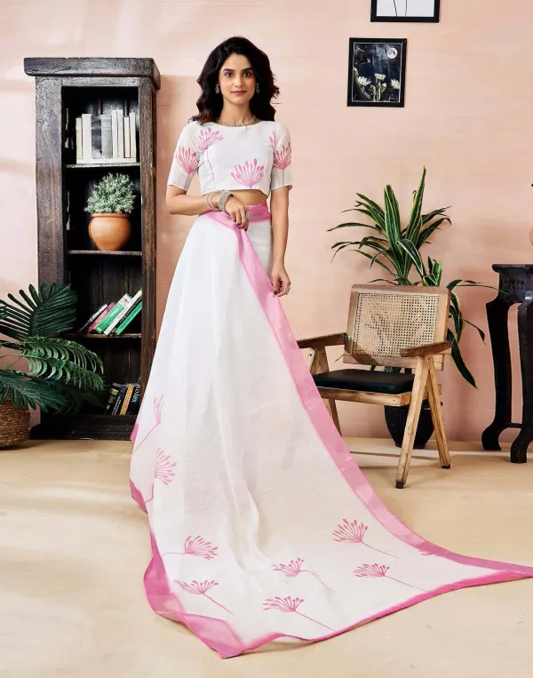 White_And_Pink_Flawer_Linen_Zari_Printed_Saree