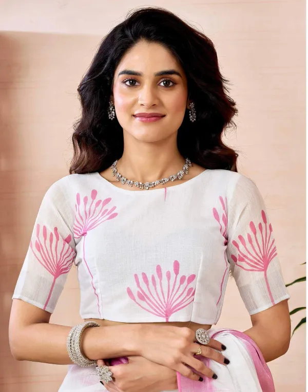 White_And_Pink_Flawer_Linen_Zari_Printed_Saree