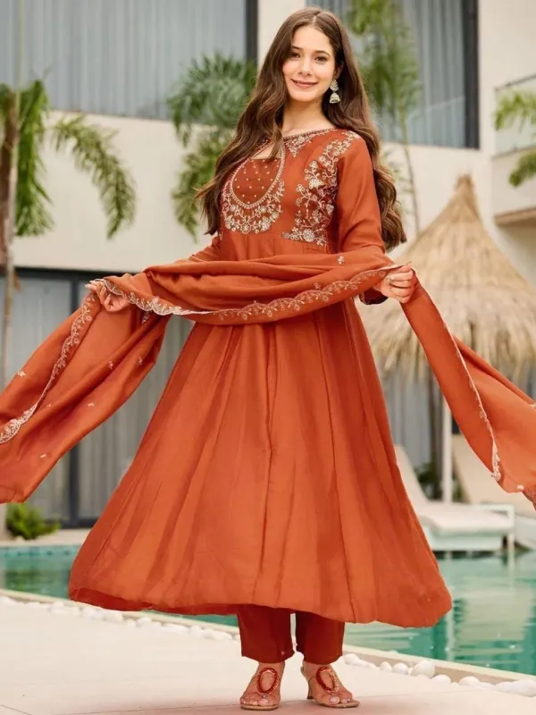 Orange_Embroidered_Vichitra_Flared_Anarkali_Kurti_With_Pants_Cutwork_Dupatta_Set_Veronica_Fashion_Hub