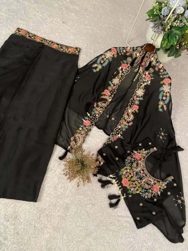 Party_And_Wedding_Season_Our_3_Piece_Indo_Western_Shrug_Dhoti_And_Blouse_With_Sequence_Embroidery_Work