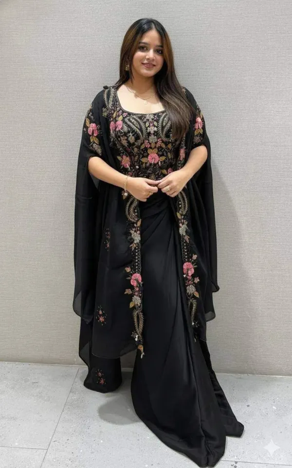 Party_And_Wedding_Season_Our_3_Piece_Indo_Western_Shrug_Dhoti_And_Blouse_With_Sequence_Embroidery_Work