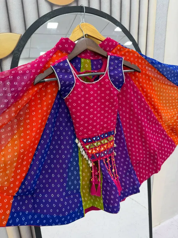 Navratri_Collection_Multi_Colors_Georgette_Bandhani_Print_Navratri_Chaniya_Choli_With_Real_Mirror_And_Kodi_Work_Waist_Detailing