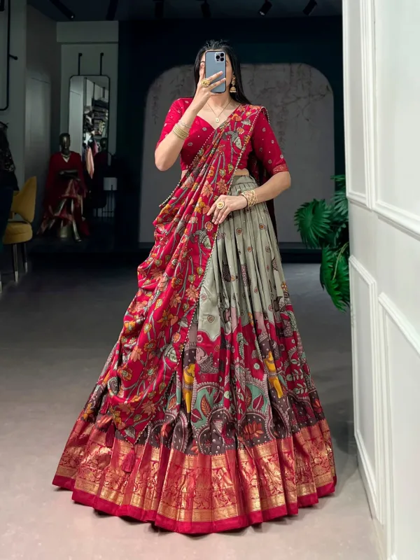 Infuse_Your_Wardrobe_With_Southern_Grace_Tussar_Silk_Kalamkari_Print_Lehenga_Choli_Featuring_A_Sophisticated_Foil_Work_Border