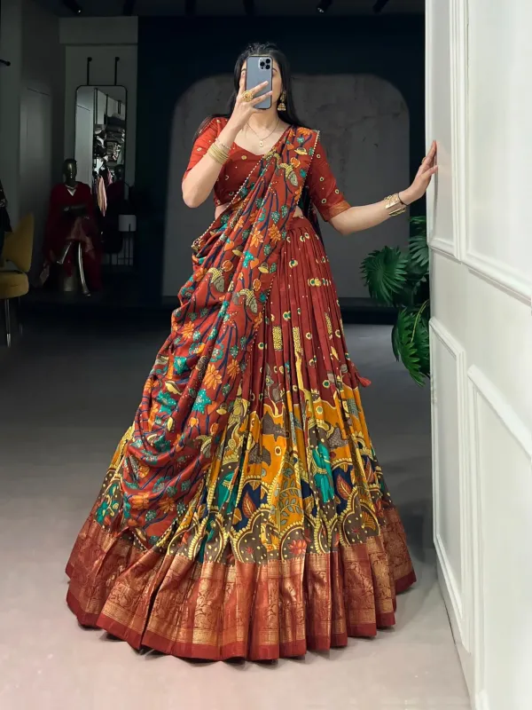 Infuse_Your_Wardrobe_With_Southern_Grace_Tussar_Silk_Kalamkari_Print_Lehenga_Choli_Featuring_A_Sophisticated_Foil_Work_Border
