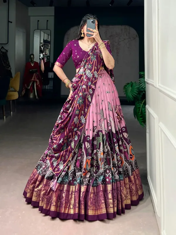 Infuse_Your_Wardrobe_With_Southern_Grace_Tussar_Silk_Kalamkari_Print_Lehenga_Choli_Featuring_A_Sophisticated_Foil_Work_Border