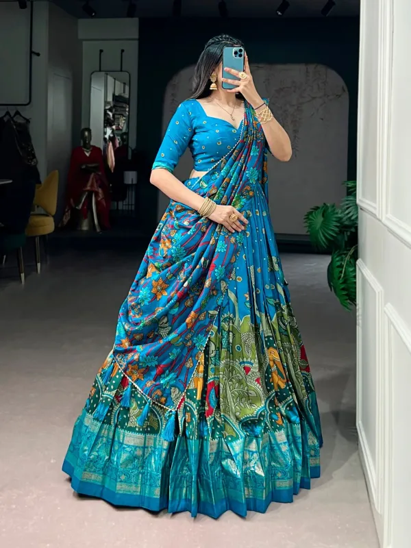 Infuse_Your_Wardrobe_With_Southern_Grace_Tussar_Silk_Kalamkari_Print_Lehenga_Choli_Featuring_A_Sophisticated_Foil_Work_Border
