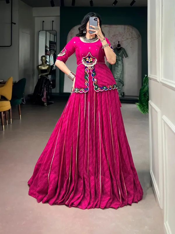 Navratri_Special_Rani_Pink_Georgette_Printed_Lehenga_With_Gota_Patti_Lace_Paired_With_A_Beautifully_Finished_Gamthi_Mirror_Lace_Blouse