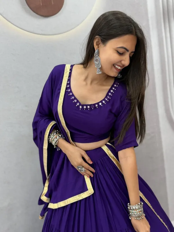Navratri_Special_Lehenga_Choli_Purple_Cotton_Tiered_Flared_Lehenga_Choli_Set_With_Gota_Border_Dupatta_Veronica_Fashion_Hub