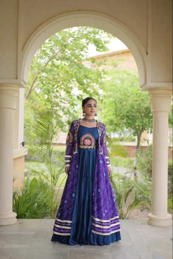 Navratri_Navy_Blue_Flared_Tiered_Lehenga_Choli_Set_With_Purple_Bandhani_Print_Shrug_Embroidered_Top_Veronica_Fashion_Hub