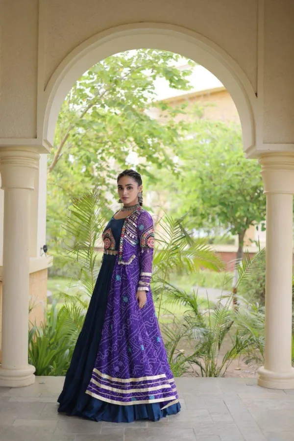 Navratri_Navy_Blue_Flared_Tiered_Lehenga_Choli_Set_With_Purple_Bandhani_Print_Shrug_Embroidered_Top_Veronica_Fashion_Hub