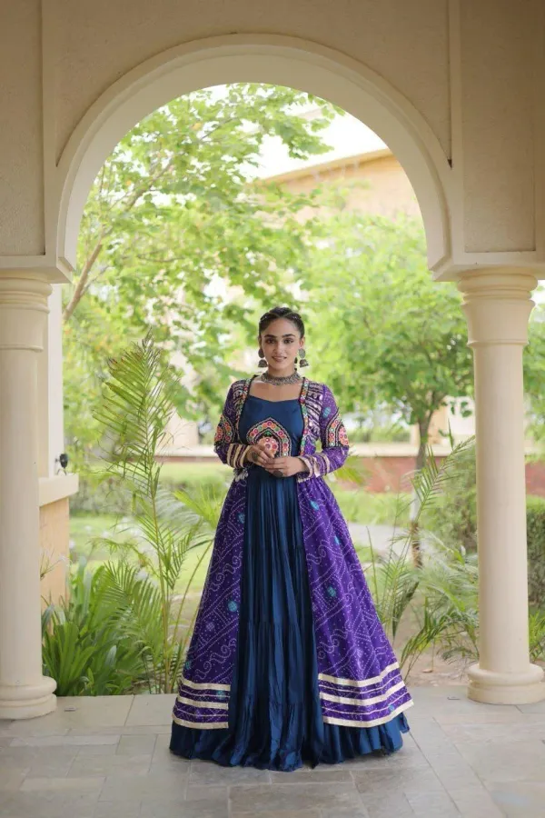 Navratri_Navy_Blue_Flared_Tiered_Lehenga_Choli_Set_With_Purple_Bandhani_Print_Shrug_Embroidered_Top_Veronica_Fashion_Hub