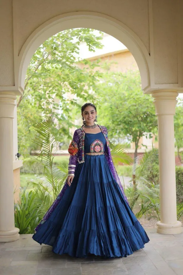 Navratri_Navy_Blue_Flared_Tiered_Lehenga_Choli_Set_With_Purple_Bandhani_Print_Shrug_Embroidered_Top_Veronica_Fashion_Hub