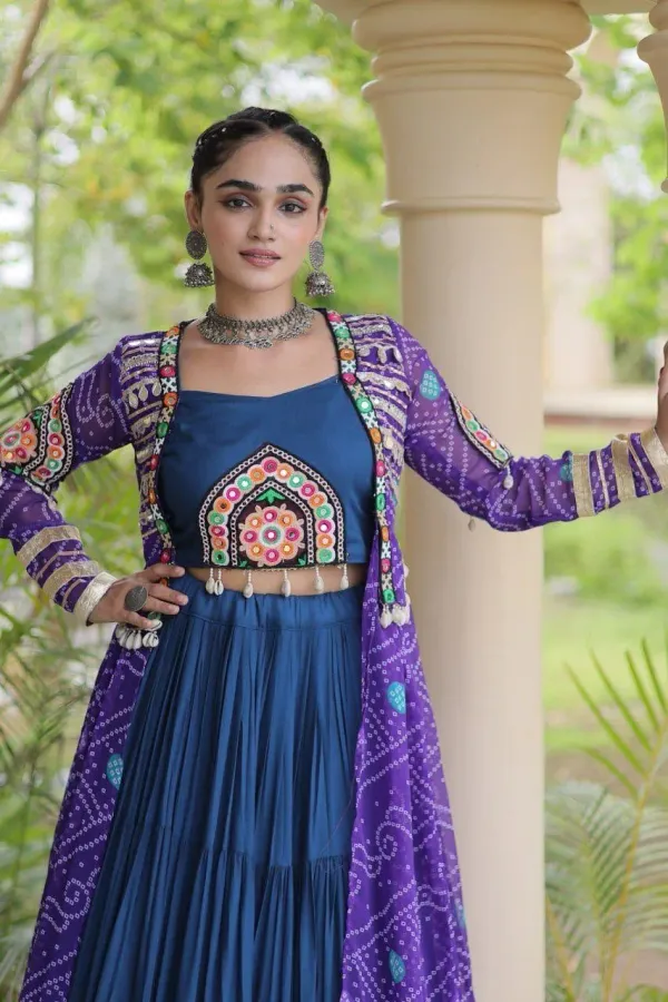 Navratri_Navy_Blue_Flared_Tiered_Lehenga_Choli_Set_With_Purple_Bandhani_Print_Shrug_Embroidered_Top_Veronica_Fashion_Hub