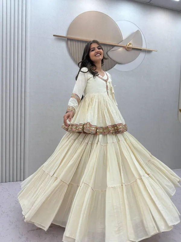 Navratri_Special_Kedya_Style_Lehengacholi_Off_White_Cotton_Tiered_Lehenga_Set_Angrakha_Kediyu_Jacket_Veronica_Fashion_Hub