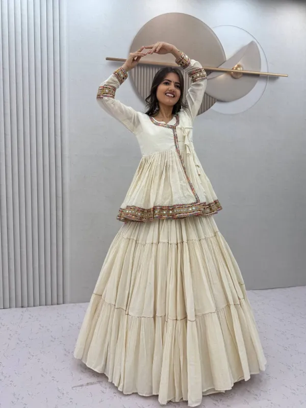 Navratri_Special_Kedya_Style_Lehengacholi_Off_White_Cotton_Tiered_Lehenga_Set_Angrakha_Kediyu_Jacket_Veronica_Fashion_Hub