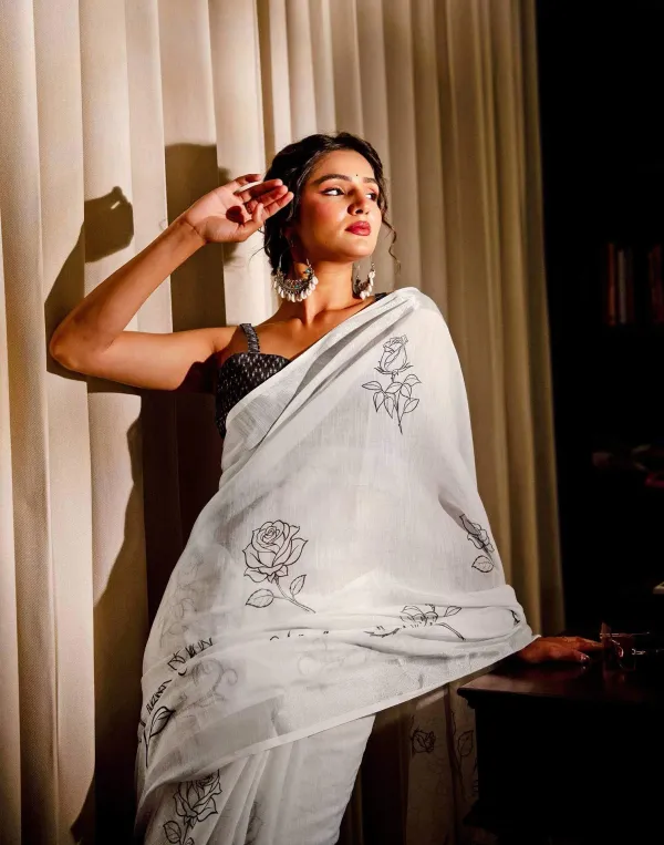 White_Linen_Printed_Saree
