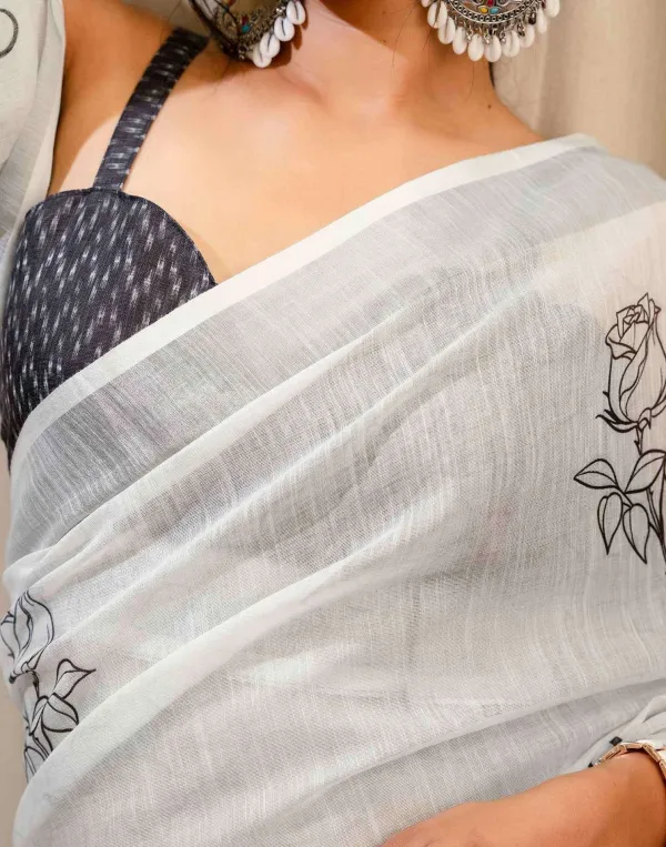 White_Linen_Printed_Saree