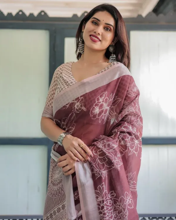 Sophisticated_Wine_Linen_Cotton_Saree_With_White_Floral_Outline_Print