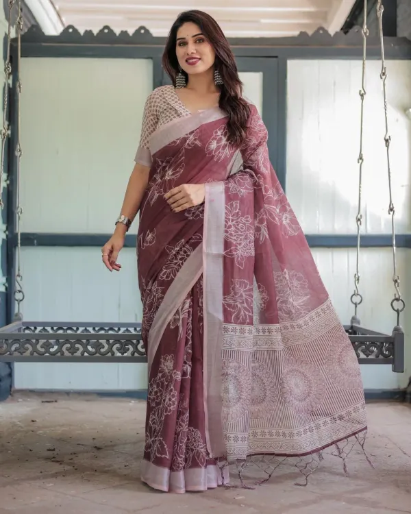 Sophisticated_Wine_Linen_Cotton_Saree_With_White_Floral_Outline_Print