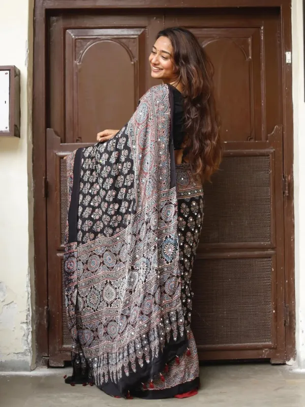 Traditional_Ajarakh_Print_Real_Mirror_Work_Cotton_Saree_For_Women