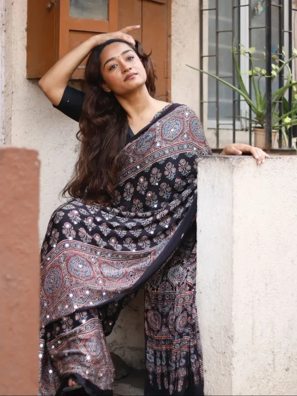 Traditional_Ajarakh_Print_Real_Mirror_Work_Cotton_Saree_For_Women