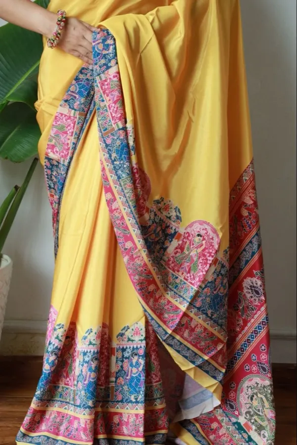 Yellow_New_Madhubani_Satin_Saree_Collection_With_Blouses_Piece_For_Women