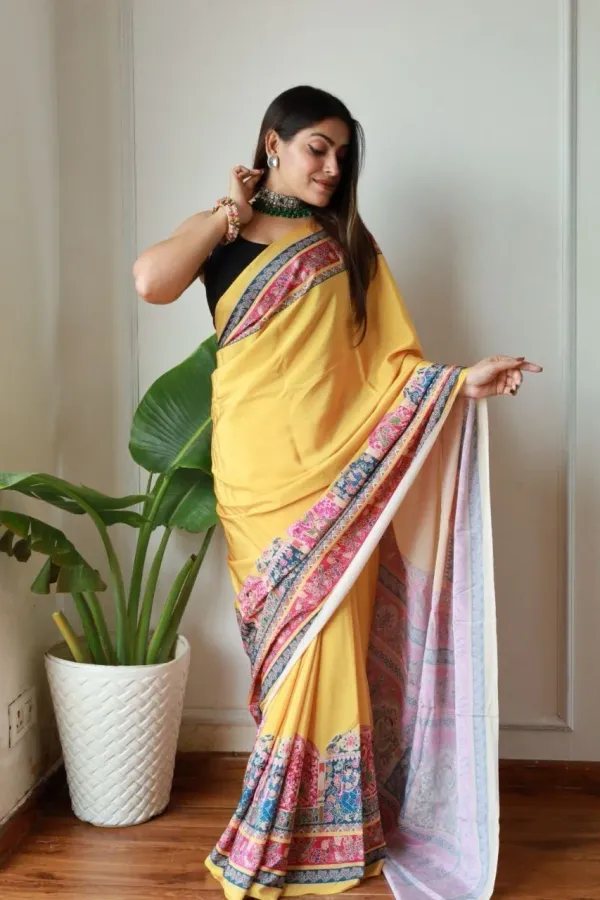 Yellow_New_Madhubani_Satin_Saree_Collection_With_Blouses_Piece_For_Women