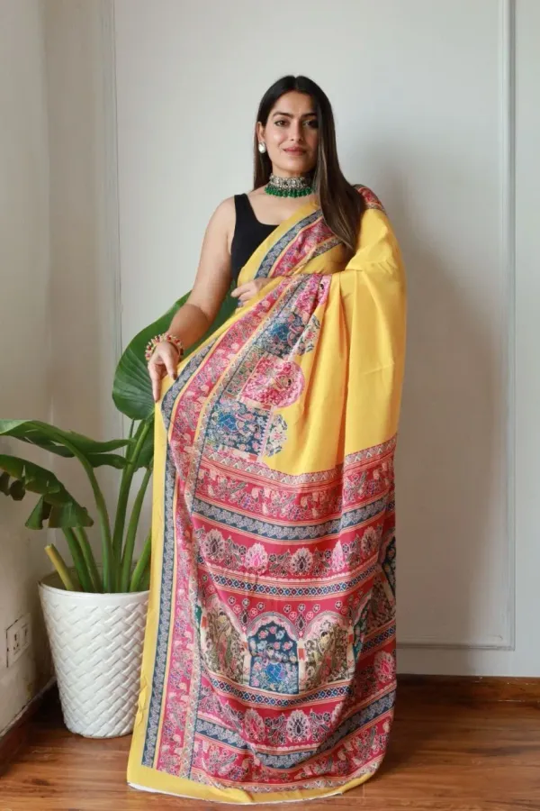 Yellow_New_Madhubani_Satin_Saree_Collection_With_Blouses_Piece_For_Women
