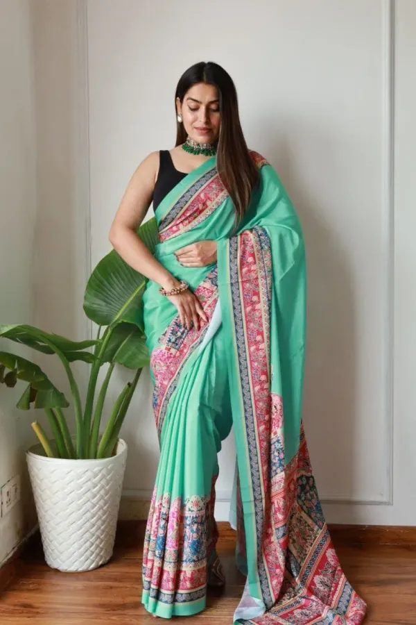 Green_New_Madhubani_Satin_Saree_Collection_With_Blouses_Piece_For_Women