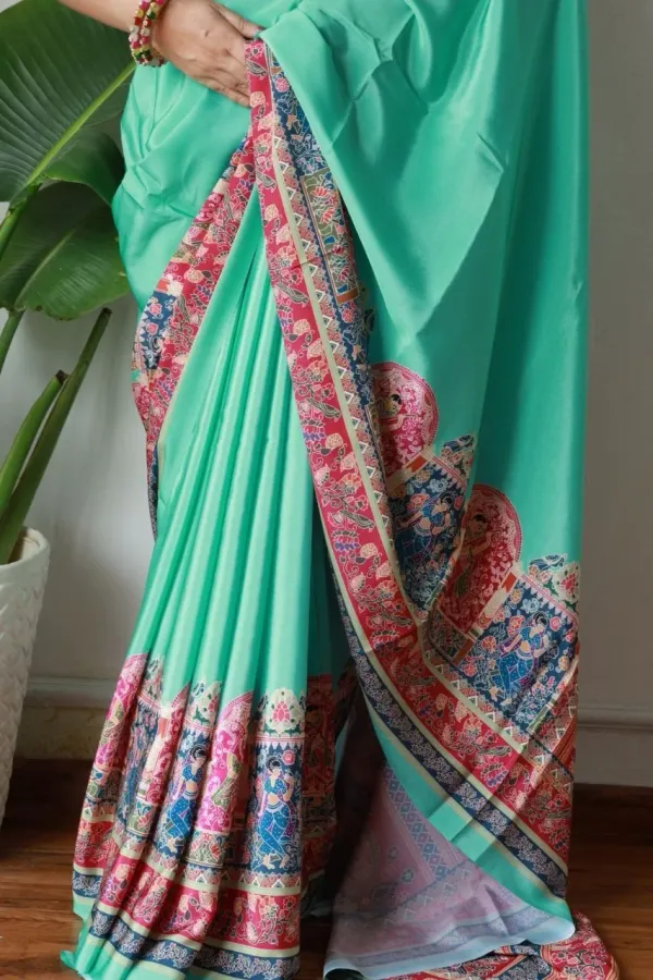 Green_New_Madhubani_Satin_Saree_Collection_With_Blouses_Piece_For_Women