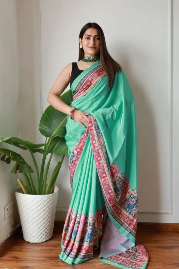 Green_New_Madhubani_Satin_Saree_Collection_With_Blouses_Piece_For_Women