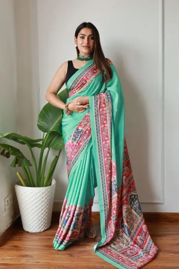 Green_New_Madhubani_Satin_Saree_Collection_With_Blouses_Piece_For_Women