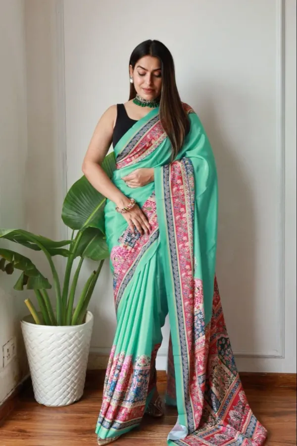 Green_New_Madhubani_Satin_Saree_Collection_With_Blouses_Piece_For_Women