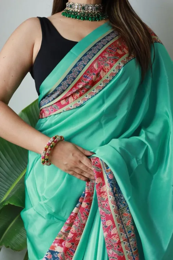Green_New_Madhubani_Satin_Saree_Collection_With_Blouses_Piece_For_Women