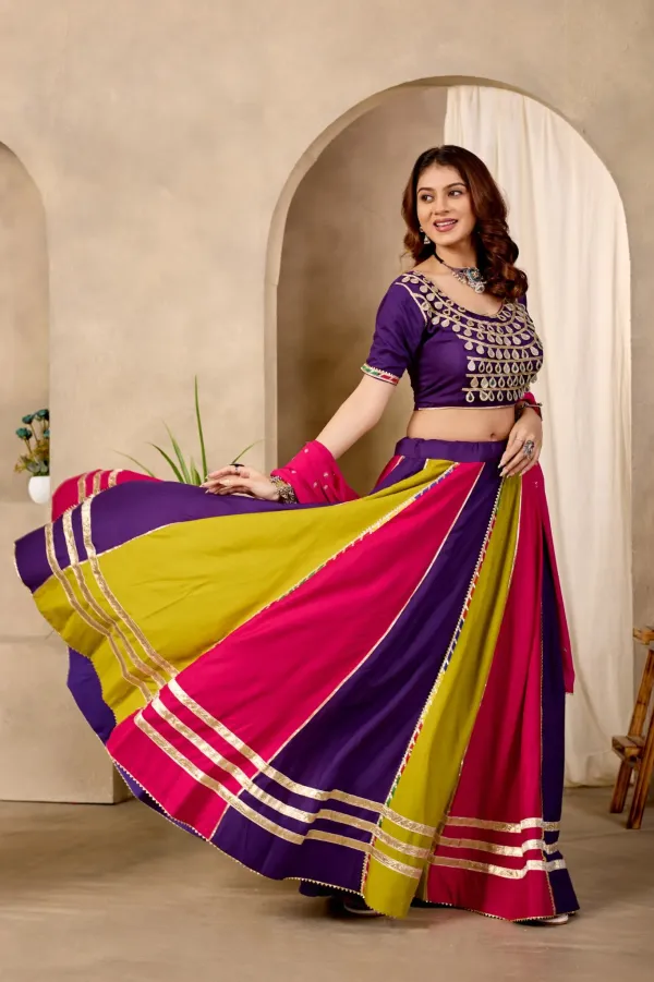 Multi_Color_Panel_Kali_Cotton_Navratri_Chaniya_Choli_Set_With_Heavy_Embroidered_Blouse_Pink_Dupatta_Veronica_Fashion_Hub