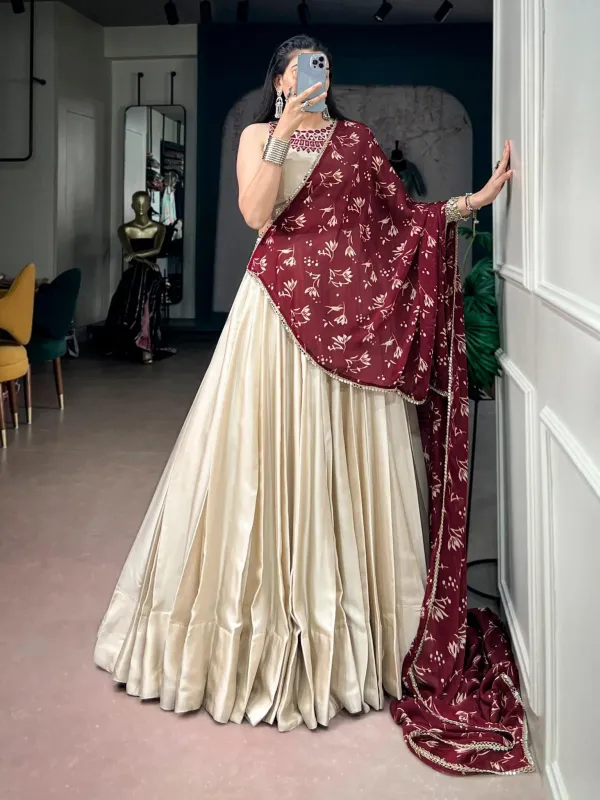 Navratri_Collection_Off_White_Silk_Flared_Lehenga_Real_Mirror_Work_Blouse_And_Beautifully_Printed_Satin_Chiffon_Dupatta_Veronica_Fashion_Hub