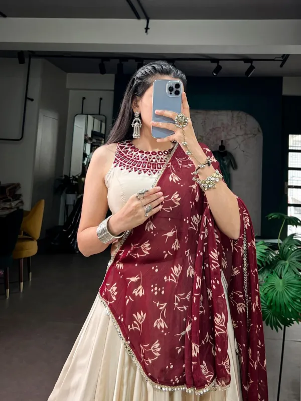 Navratri_Collection_Off_White_Silk_Flared_Lehenga_Real_Mirror_Work_Blouse_And_Beautifully_Printed_Satin_Chiffon_Dupatta_Veronica_Fashion_Hub