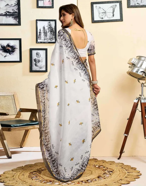 White_Linen_Printed_Saree_Batterfly