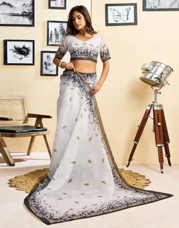 White_Linen_Printed_Saree_Batterfly